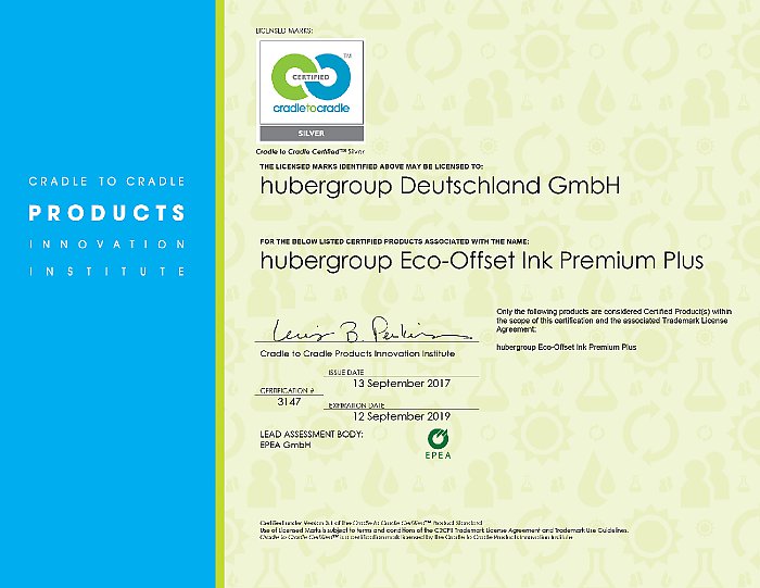 Certyfikat Cradle-to-Cradle dla “hubergroup Eco Offset Ink Premium Plus”